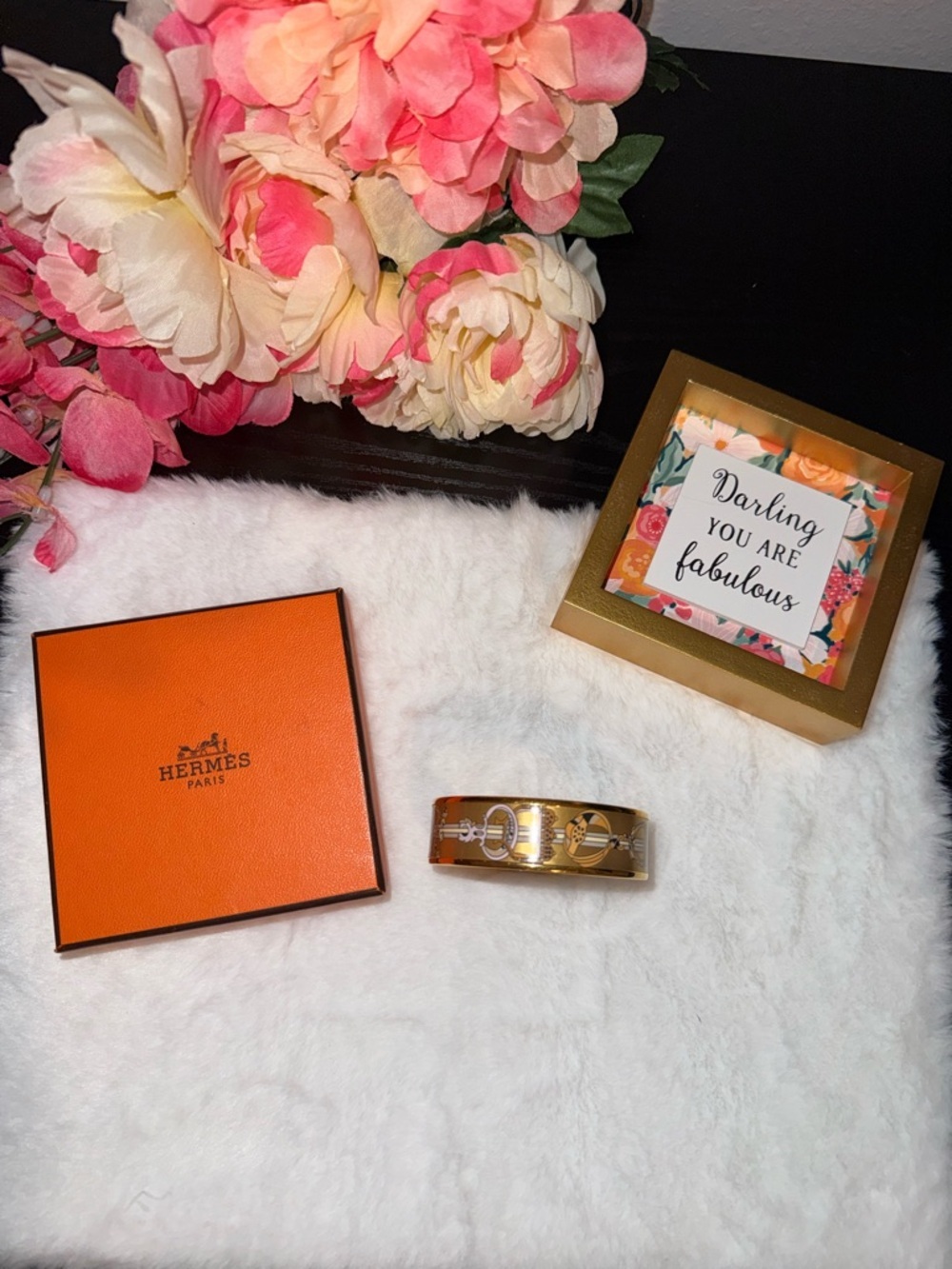 Hermes Gold Tone Enamel Concours D’Etrier 6.75 Inch Bangle With Box #S4418-2